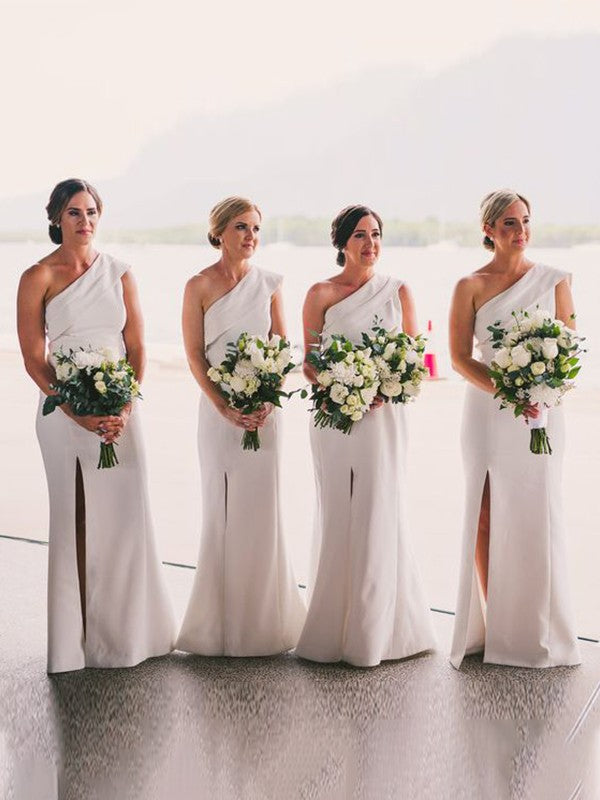 Wholesale Sheath/Column Stretch Crepe Ruched One-Shoulder Sleeveless Floor-Length Bridesmaid Dresses